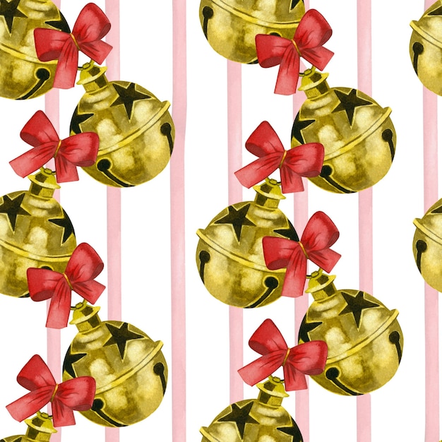 Seamless pattern for Christmas Bells red bows handpainted in watercolor on a white background