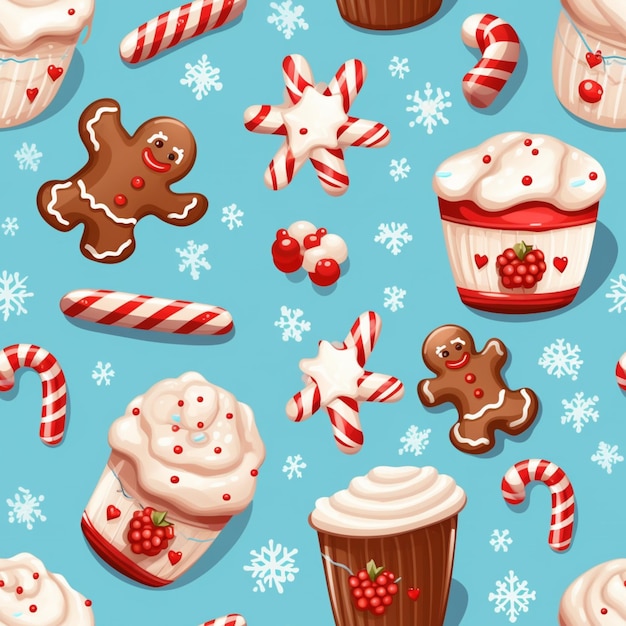 Seamless pattern of christmas cupcakes and candy canes on a blue background generative ai