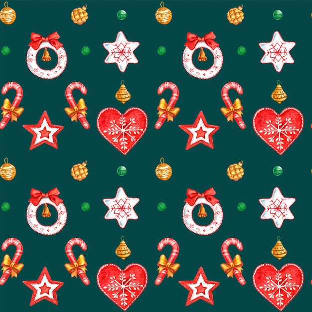 Photo seamless pattern of christmas toys painted with watercolor