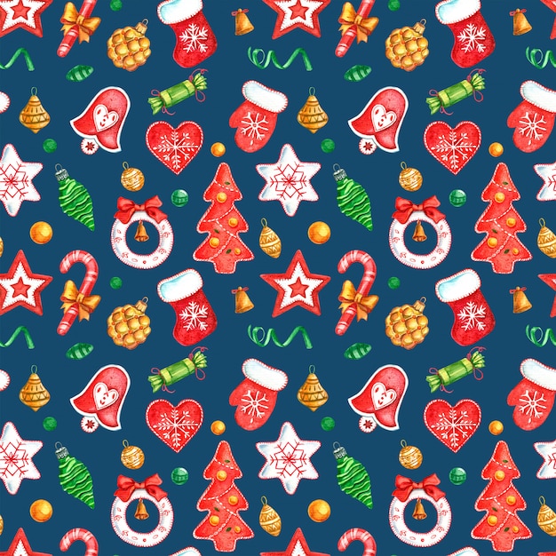 seamless pattern of Christmas toys painted with watercolor