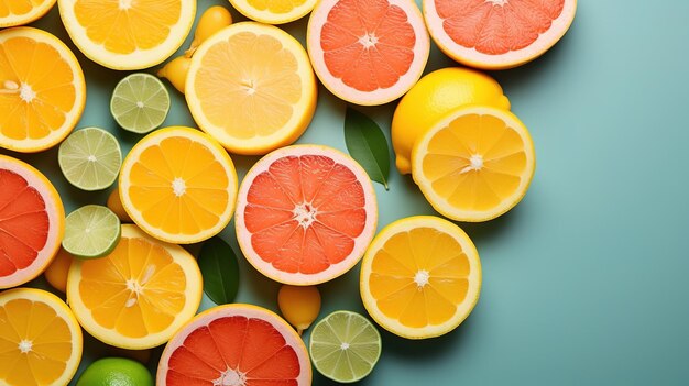 Seamless pattern of citrus grapefruit lemons and oranges on blue background top view of citrus