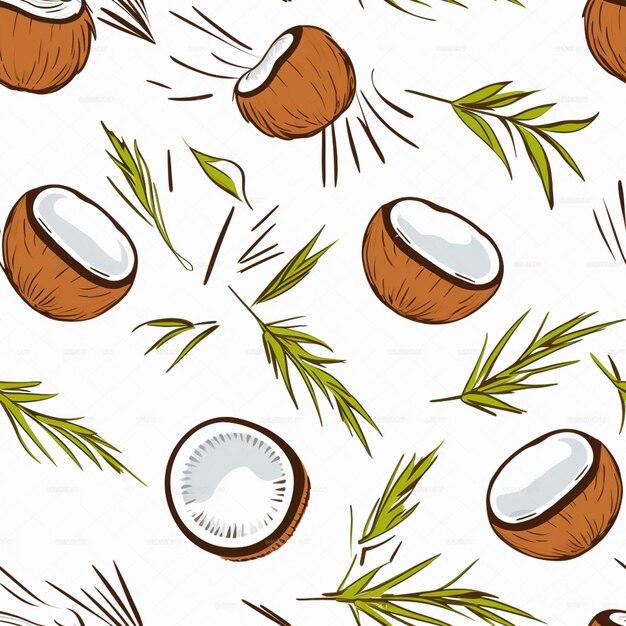 Photo seamless pattern of coconuts and leaves on a white background generative ai