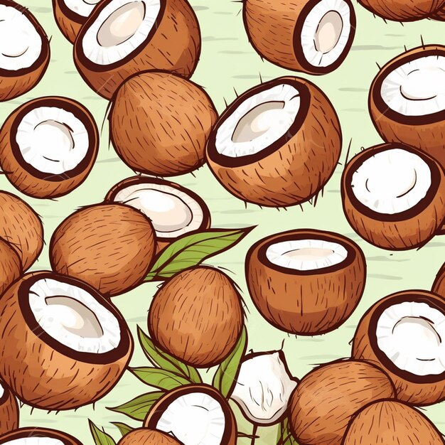 seamless pattern of coconuts with leaves on a green background generative ai