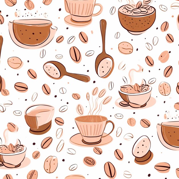 seamless pattern of coffee and coffee beans with spoons and spoons generative ai
