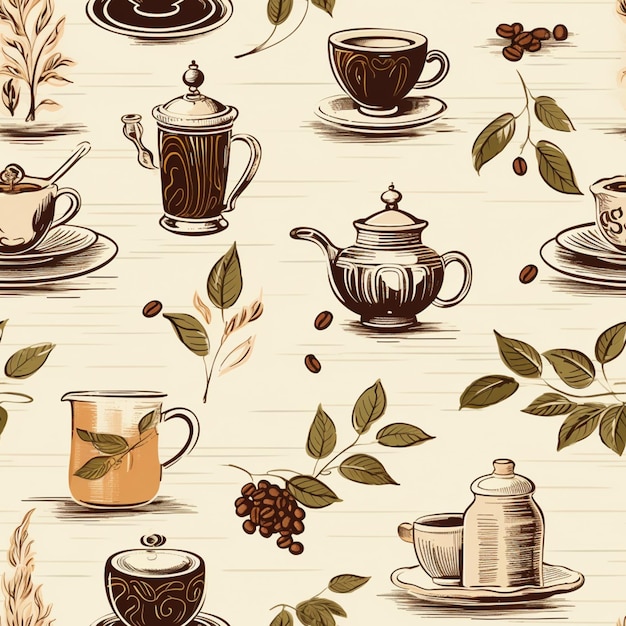 Seamless pattern of coffee cups and saucers with leaves and grains generative ai