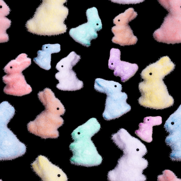 Seamless pattern of colored bunnies isolated on a black background. High quality photo