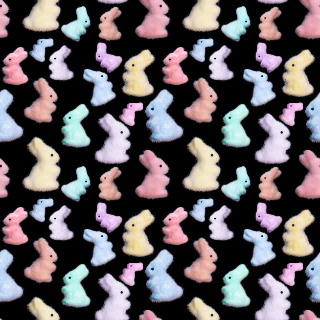 Seamless pattern of colored rabbits isolated on a black background. High quality photo
