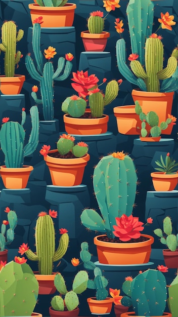 Seamless Pattern of Colorful Cactus