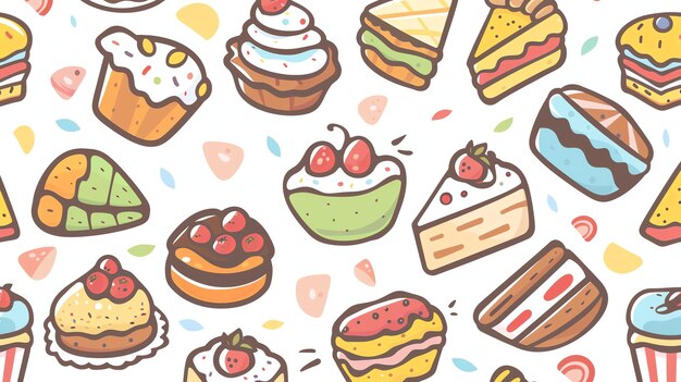 A seamless pattern of colorful cakes cupcakes and other desserts