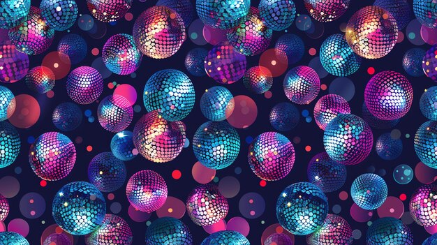 Photo a seamless pattern of colorful disco balls on a dark blue background