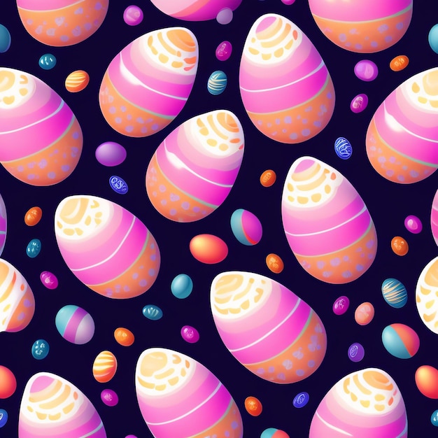 A seamless pattern of colorful easter eggs on a dark background.