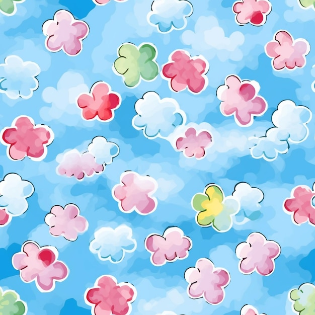 seamless pattern of colorful flowers on a blue background generative ai