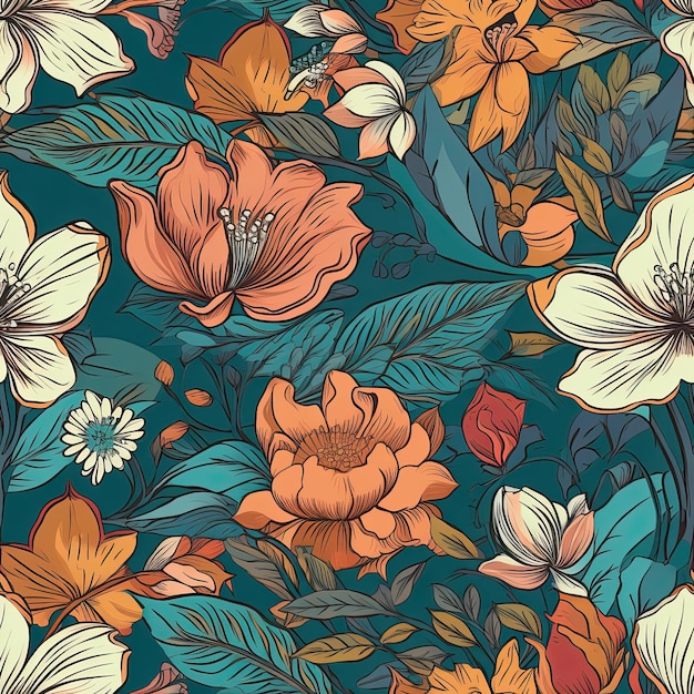 Seamless pattern colorful flowers closeup in vintage style