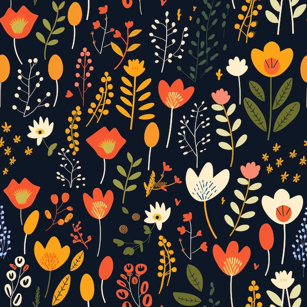 Seamless Pattern of Colorful Flowers and Leaves