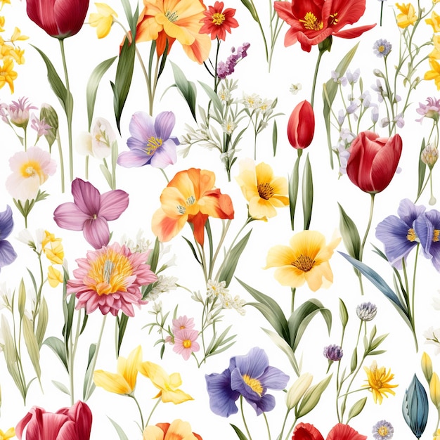 A seamless pattern of colorful flowers on a white background.