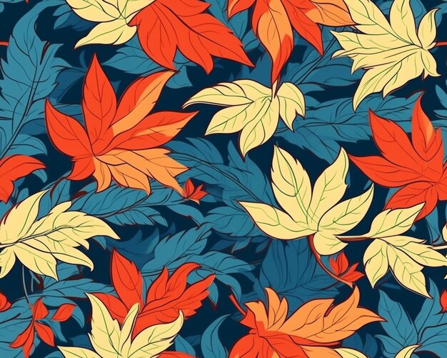 A seamless pattern of colorful leaves on a dark background generative ai