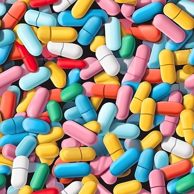 Seamless pattern of Colorful Medicine pills and bottles for digital printing