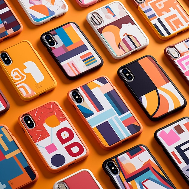 Seamless pattern of colorful mobile phones on orange background Top view