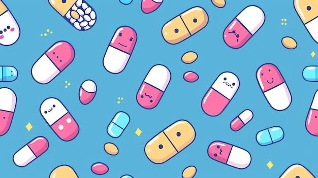 A seamless pattern of colorful pills and capsules with cute faces on a blue background