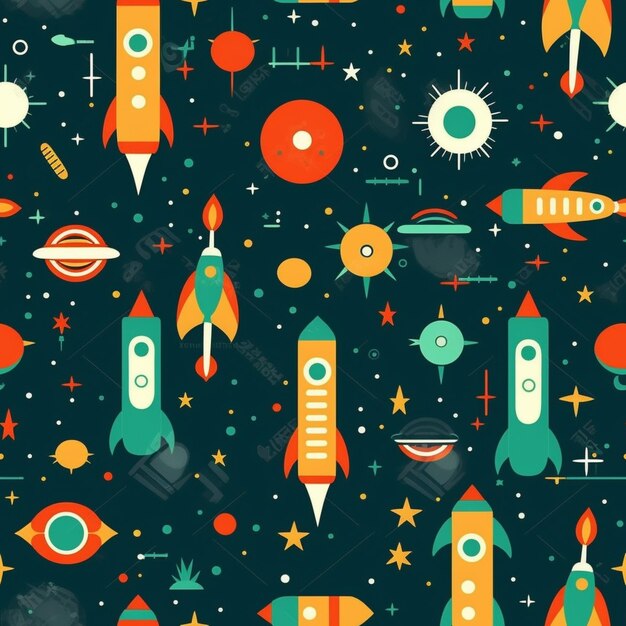 a seamless pattern of colorful rockets and stars on a dark background generative ai