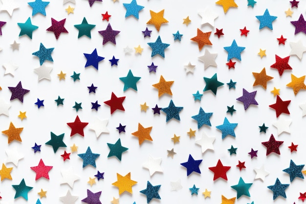 Seamless pattern of colorful stars glitter on white background Flat lay top view