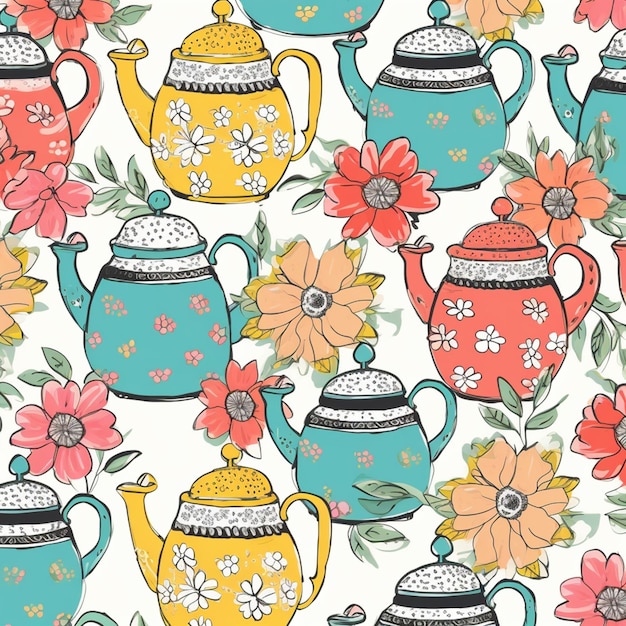 Photo seamless pattern of colorful teapots and flowers on a white background generative ai