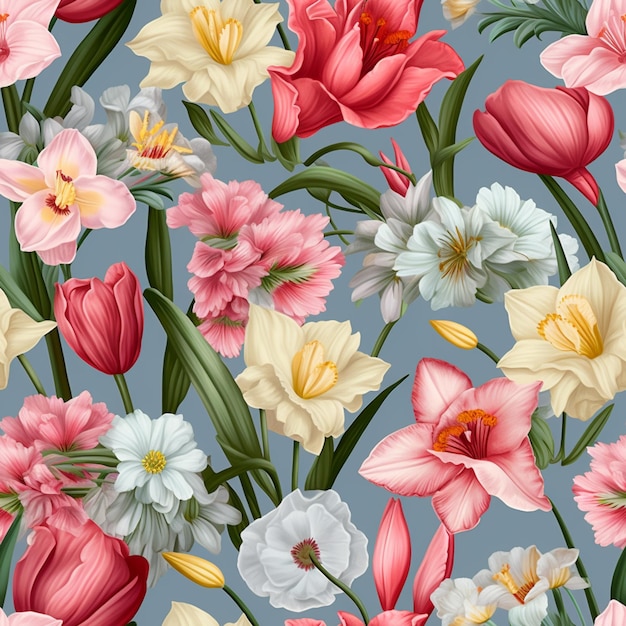 A seamless pattern of colorful tulips on a blue background.