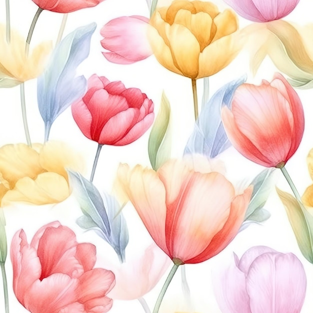 A seamless pattern of colorful tulips on a white background.