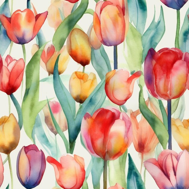 A seamless pattern of colorful tulips with green leaves.