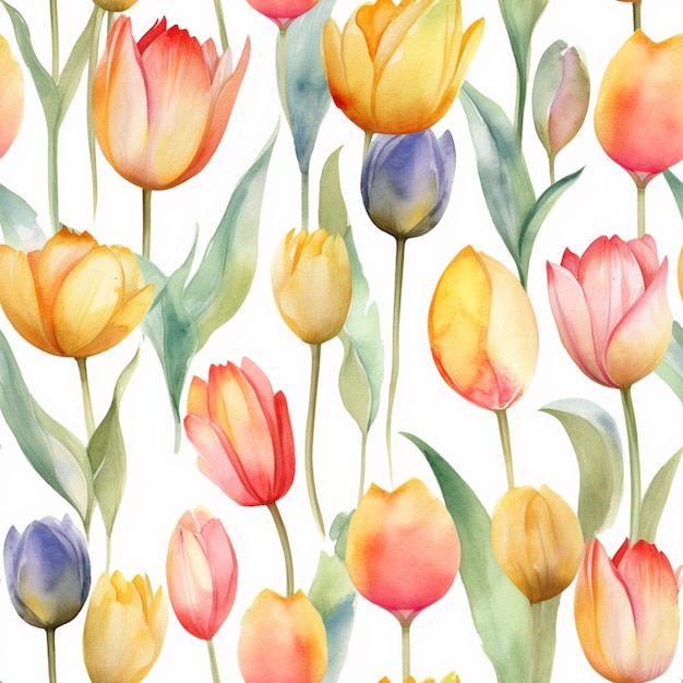 Photo a seamless pattern of colorful tulips with yellow, pink, purple, and green leaves.