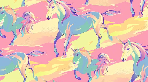 Photo a seamless pattern of colorful unicorns the unicorns are in various shades of pastel colors and are prancing on a pink background