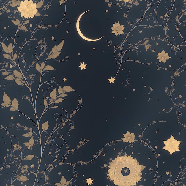 a seamless pattern combining celestial elements like stars and moons with botanical motifs such as