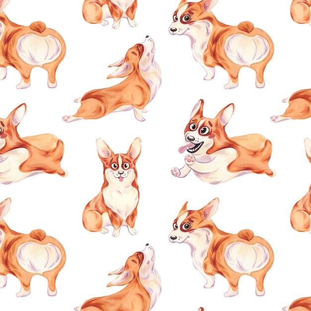 Seamless pattern of corgi dogs Funny character Watercolor illustration Cute puppy