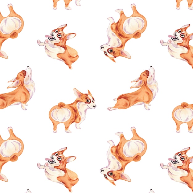 Seamless pattern of corgi dogs Funny character Watercolor illustration Cute puppy