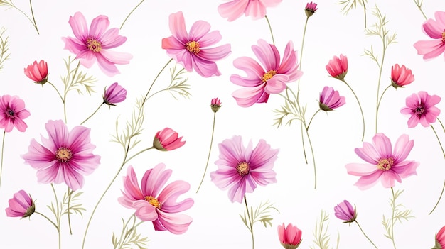 흰색 바탕에 코스모스 꽃의 원활한 패턴 코스모스 꽃 질감 배경