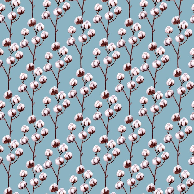 Seamless pattern cotton branches on a blue background Handdrawn watercolor illustration isolated