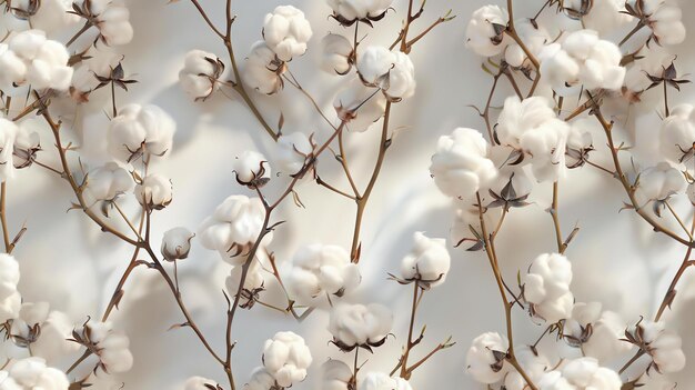 Photo a seamless pattern of cotton flowers the flowers are white and fluffy and the branches are brown the background is a soft neutral color