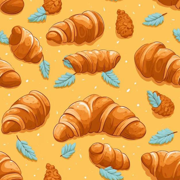 seamless pattern of croissants and pine cones on a yellow background generative ai