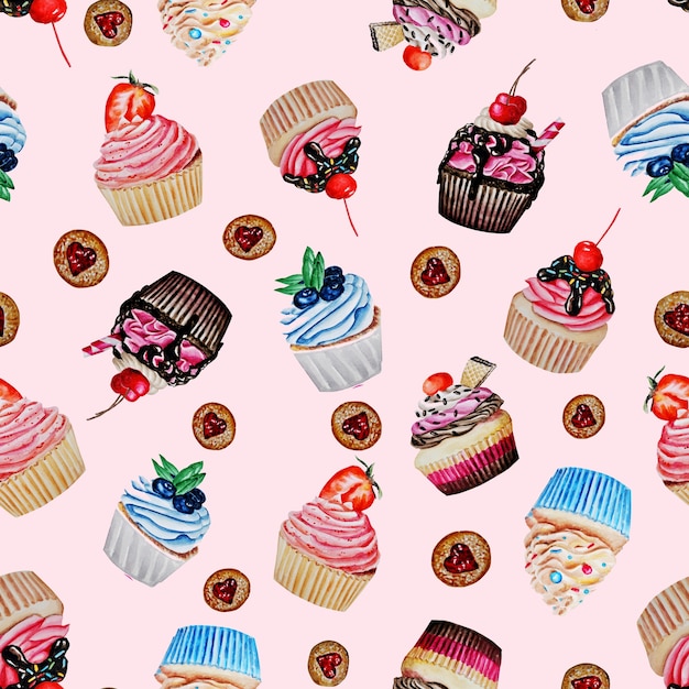 Photo seamless pattern of cupcakes, cookies and cakes.