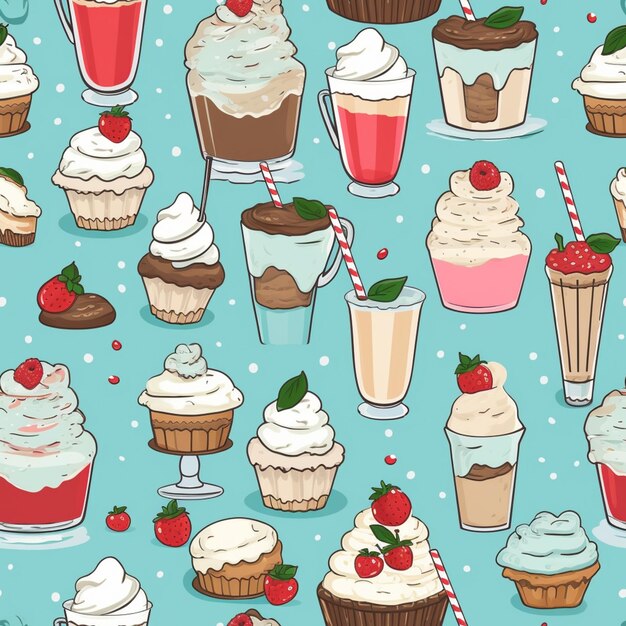 Photo seamless pattern of cupcakes and ice creams with strawberries and cherries generative ai