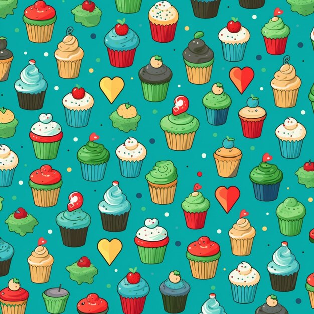 Foto modello senza cuciture di cupcakes con diversi condimenti su sfondo blu ai generativo