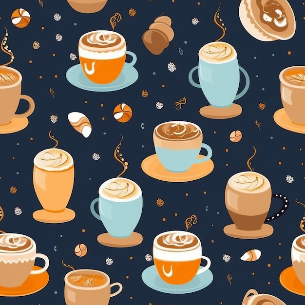 A seamless pattern of cups of coffee with a cappuccino.