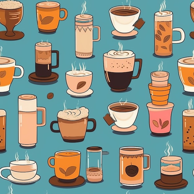 A seamless pattern of cups of coffee with different drinks.