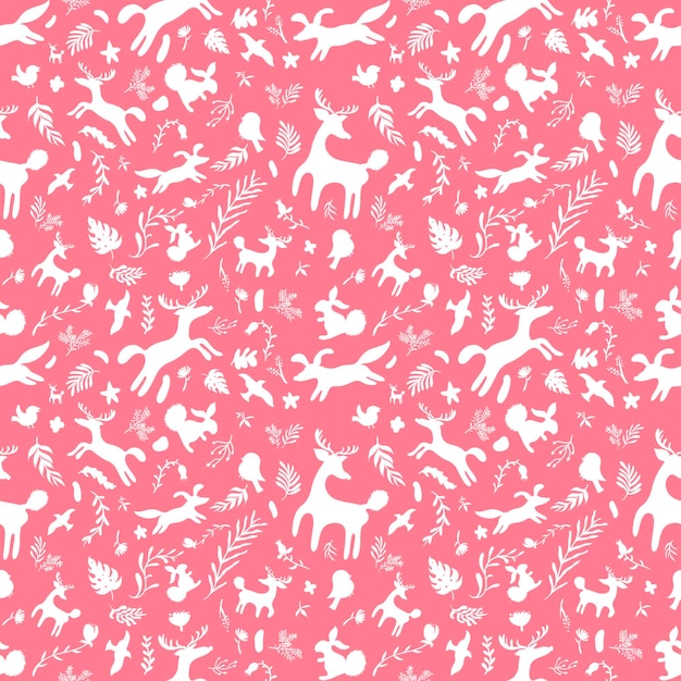 Seamless pattern cute animal wildlife with tropical flowers and tropical leaves illustration