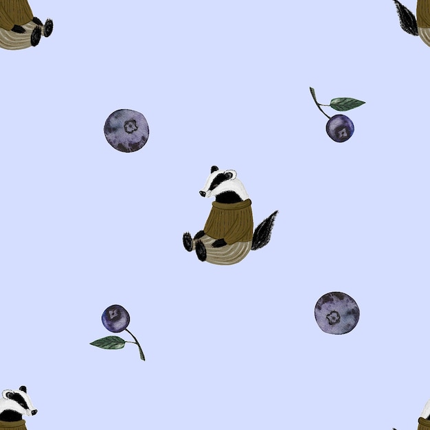 seamless pattern cute badger with wild berries for baby textile