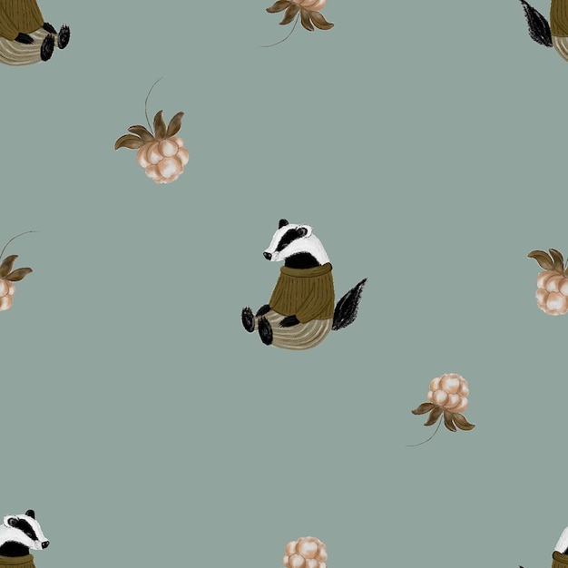 seamless pattern cute badger with wild berries for baby textile