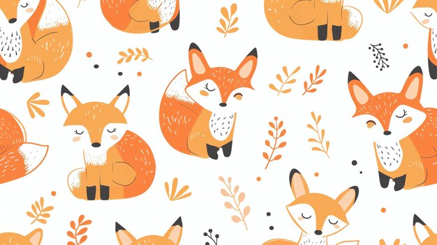 A seamless pattern of cute cartoon foxes in a whimsical forest setting