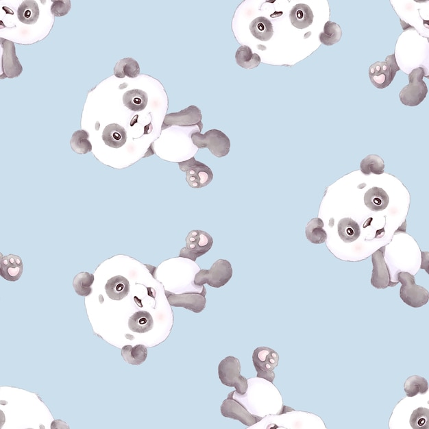 Seamless pattern. Cute cartoon panda with flowers and balloons.