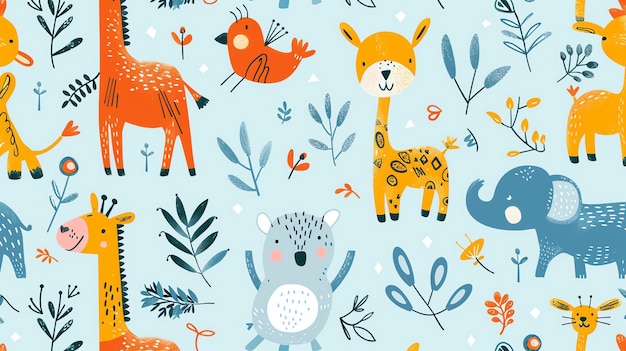 A seamless pattern of cute and colorful animals and plants