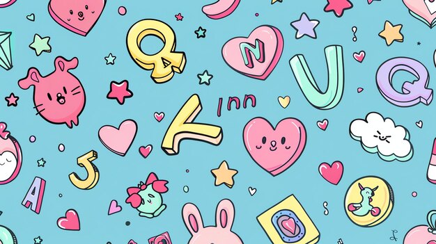 Photo a seamless pattern of cute and colorful cartoon characters and objects